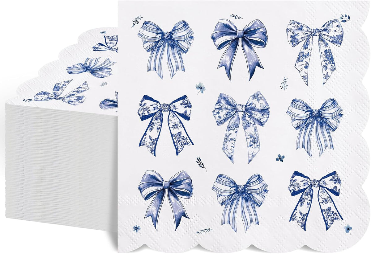 NatNarr 100 Pk Blue Bow Cocktail Napkins, 5" Scalloped Decoupage Napkins