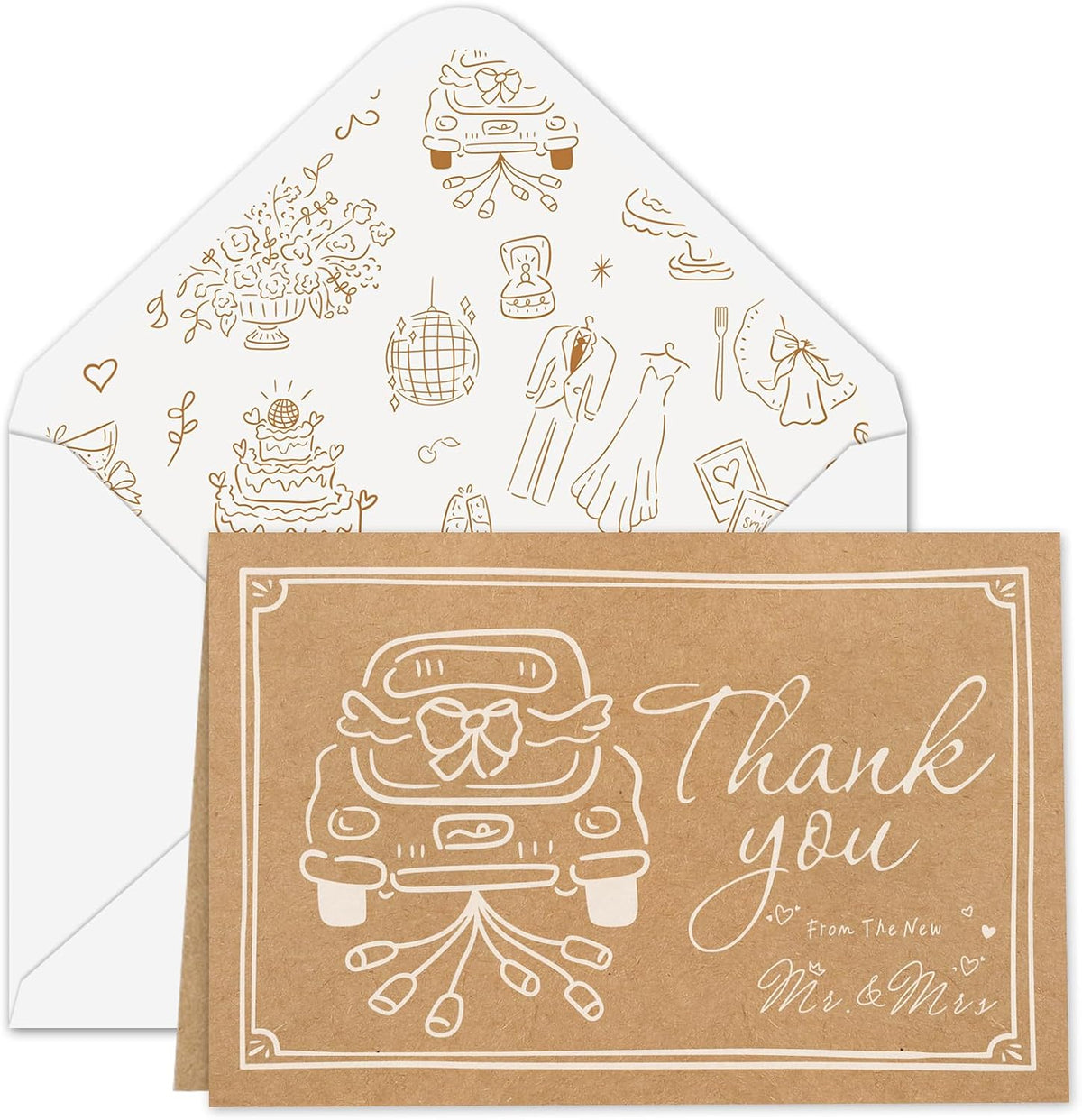 Whaline 24 Pack Wedding Kraft Thank You Cards The New Mr & Mrs Car Cake Thank You Blank Note Card Greeting Cards with Envelope Sticker for Bridal Shower