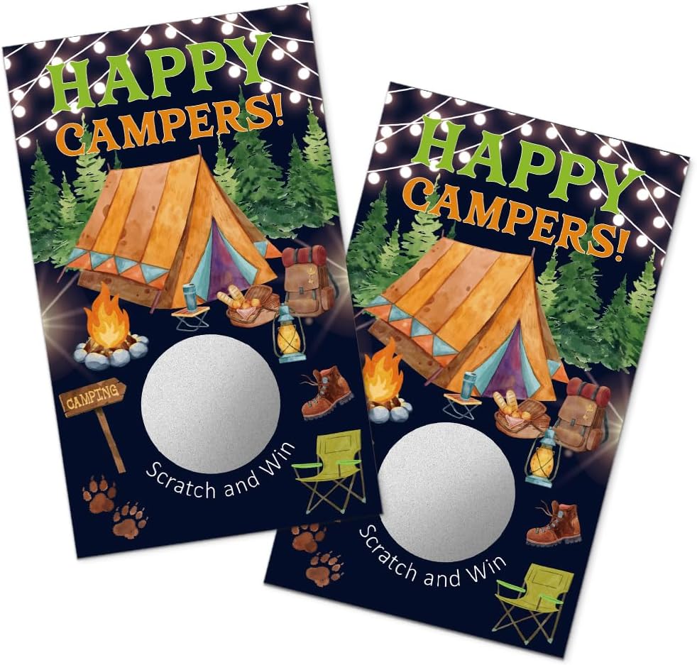 TOUNER 50Pcs Happy Campers Silver Scratch Off Game, Reveal Campfire & Fire Remain Design, Camping Adventure Themed Raffle Tickets, Camping Birthday Party Game Scratch Card for Men Women Outdoor Lover