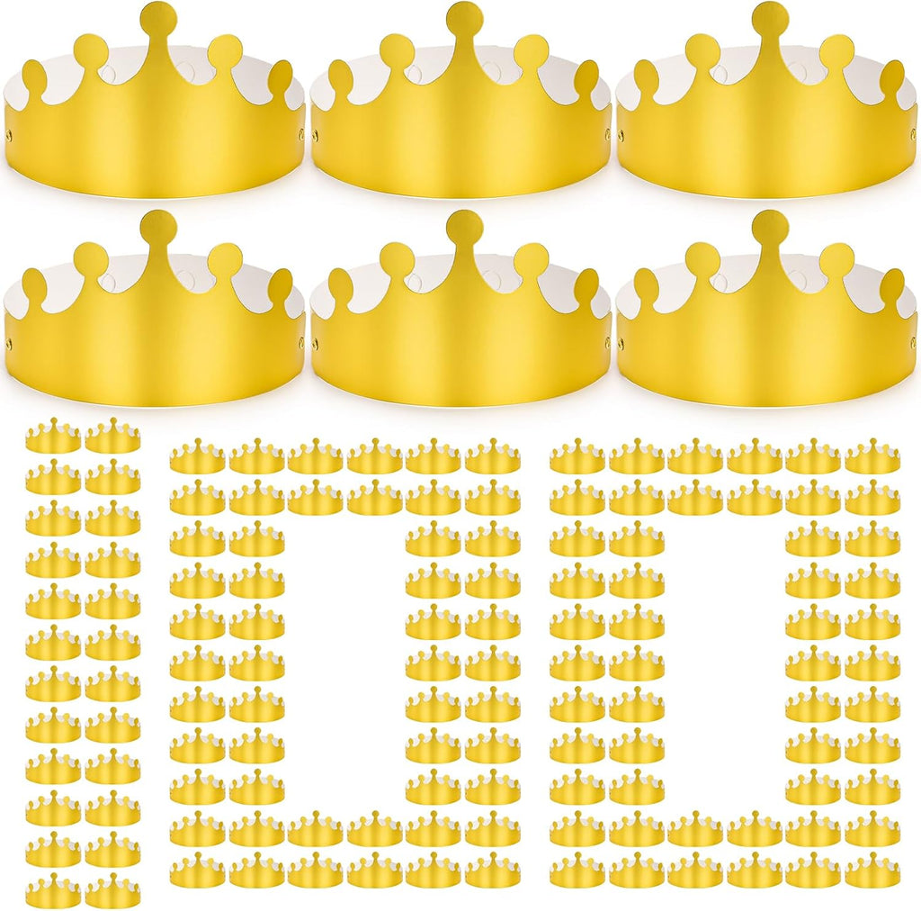 Okllen 100 Pcs Gold Paper Crowns for Adult, Bulk Adjustable Party Hats for Birthday, Baby Shower, Photo Props, Celebration Supplies (Foldable)