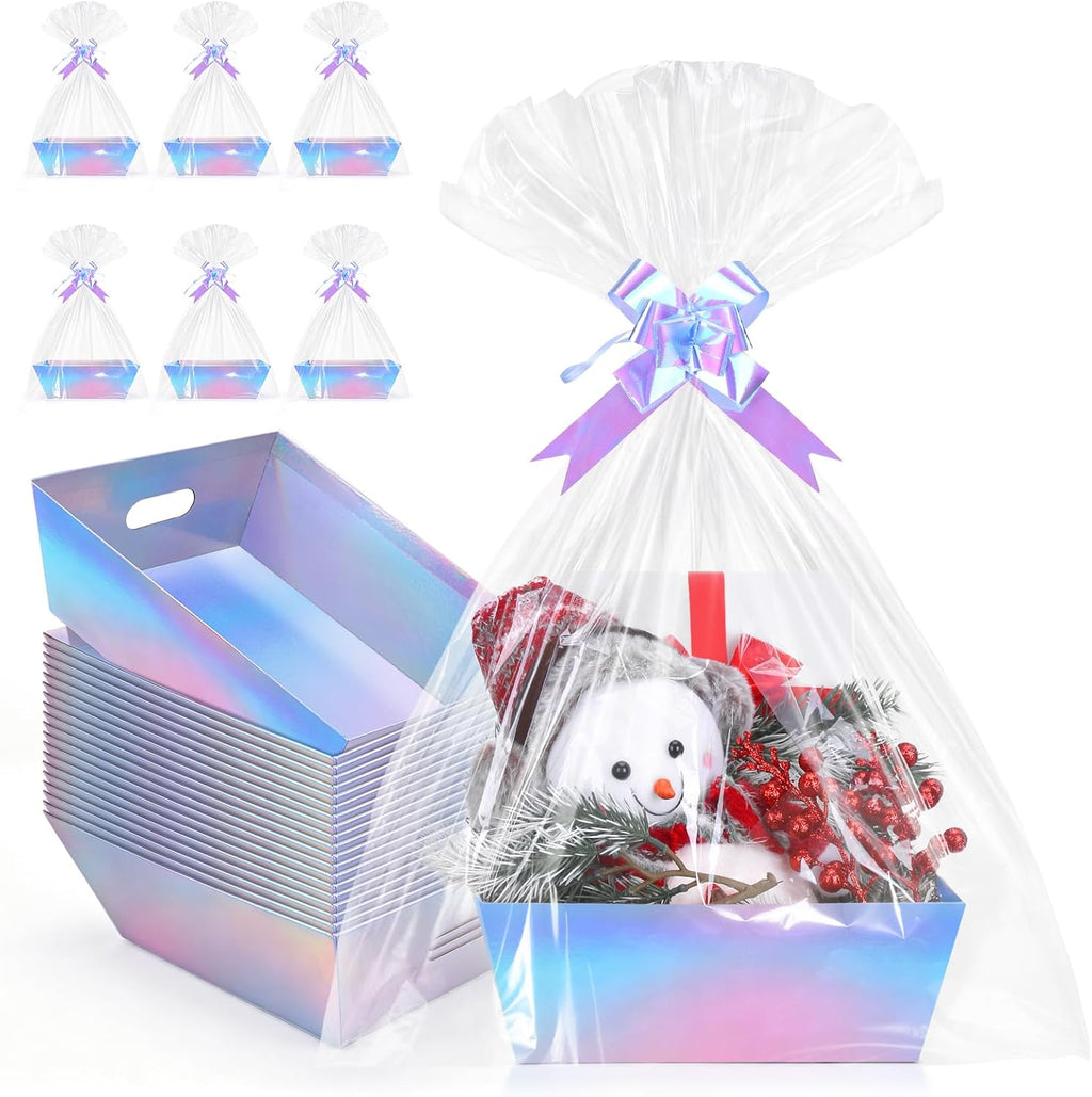 AFOROEOA 20 Pack Iridescent Gift Baskets Empty, 10x8 Thick Paper Basket with 20 Clear Bags and 20 Pull Bows, Holographic Gift Baskets for Bridal Birthday Party Bulk Wrapping
