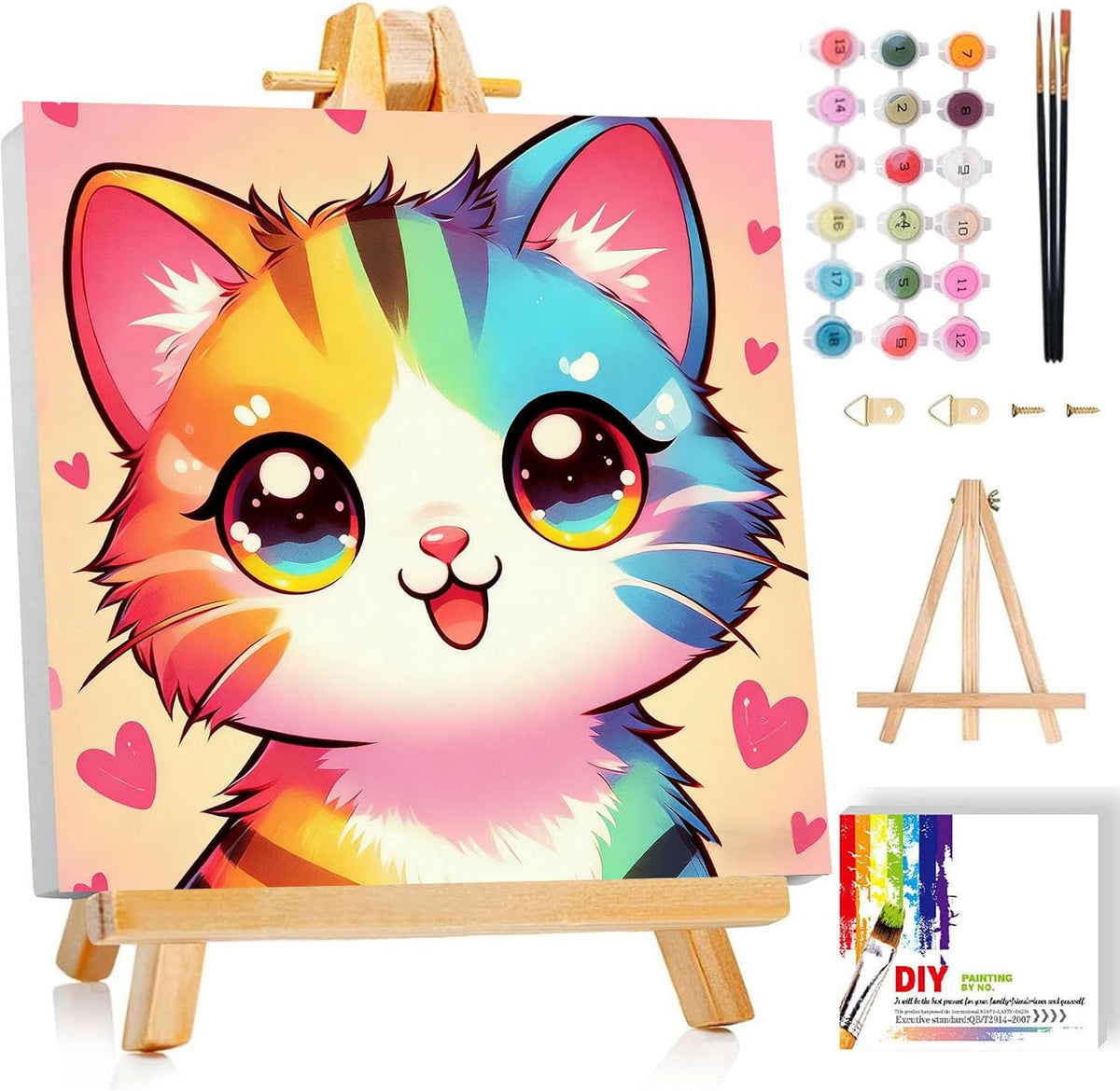 Gemozaic Cat Paint by Numbers Kit for Kids with Frame and Easel, 8 x 8 in