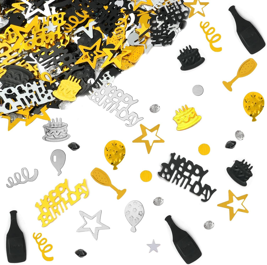 OSDUE Black Gold Silver Happy Birthday Confetti, 3000 Pieces Birthday Cake Confetti, Metallic Foil Balloon Table Scatter Confetti Decoration for Birthday Party, Anniversary, Baby Shower