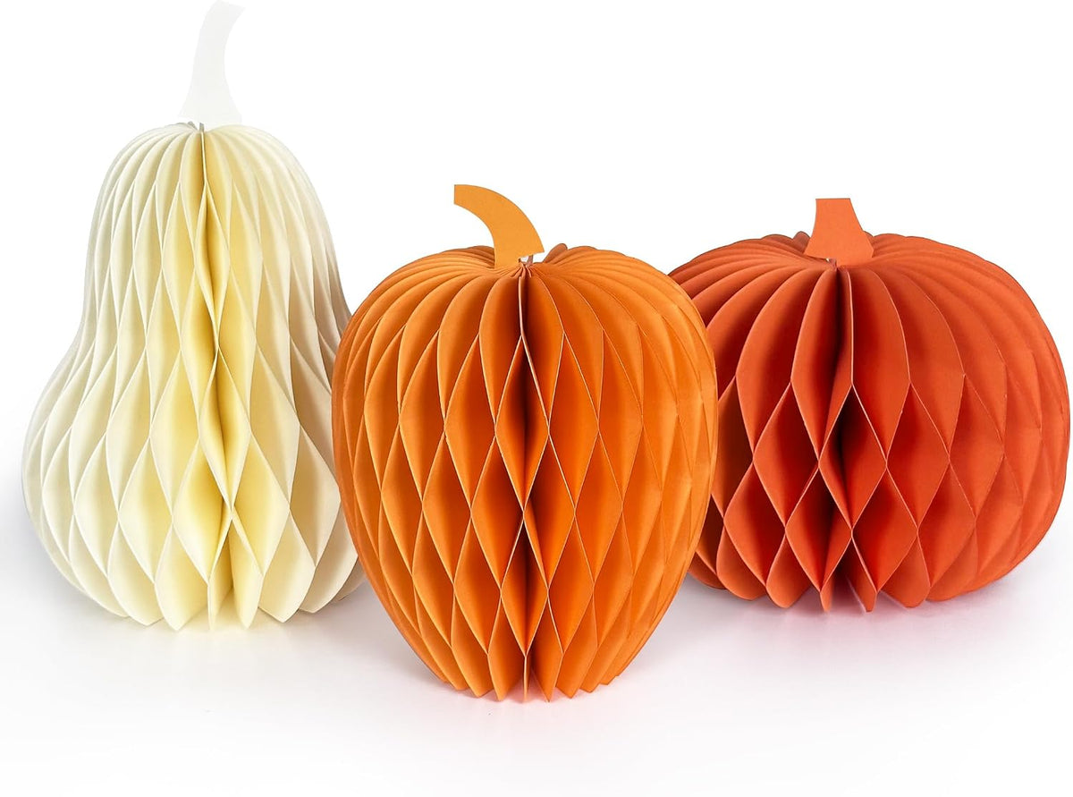 3PCS Paper Pumpkin Table Centerpieces, Pumpkins Honeycomb Centerpiece for Table Decorations with Thankful Signs for Fall, Halloween, Thanksgiving, Baby Shower, Birthday Party