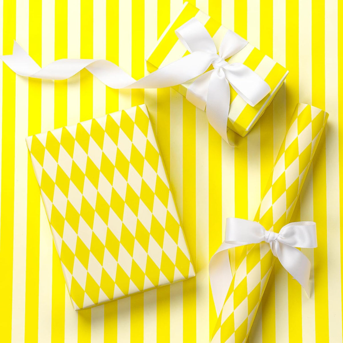 RUSPEPA Reversible Wrapping Paper Roll, Mini Roll, Yellow and White Stripes and Diamond Pattern Gift Wrap for Birthday, Wedding, Easter, Spring, Baby Shower, Bridal Shower, 17 Inches x 16.4 Feet