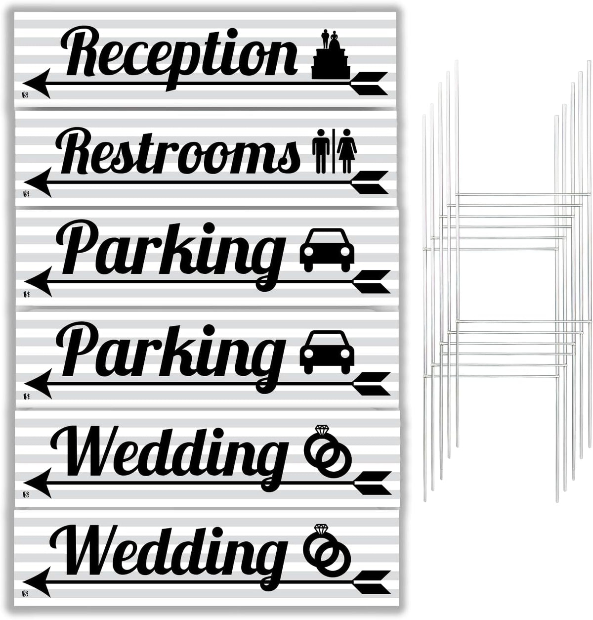 Wedding Signs 6 Pack | Grey and White Striped with Black Writing | 6 x 24 inch Lawn Signs with H-stakes | Wedding, Parking, Restrooms, and Reception
