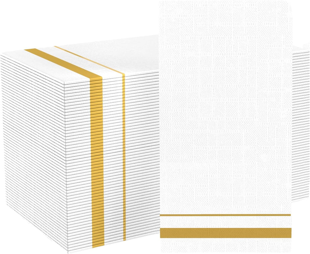 200 Pack 3-Ply Disposable Paper Napkins,White and Gold Trim Dinner Napkins