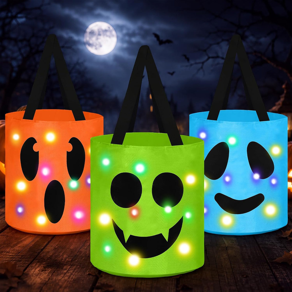 Sadnyy 3 Pcs Halloween Trick or Treat Bag Light Up,Orange,Green, Blue