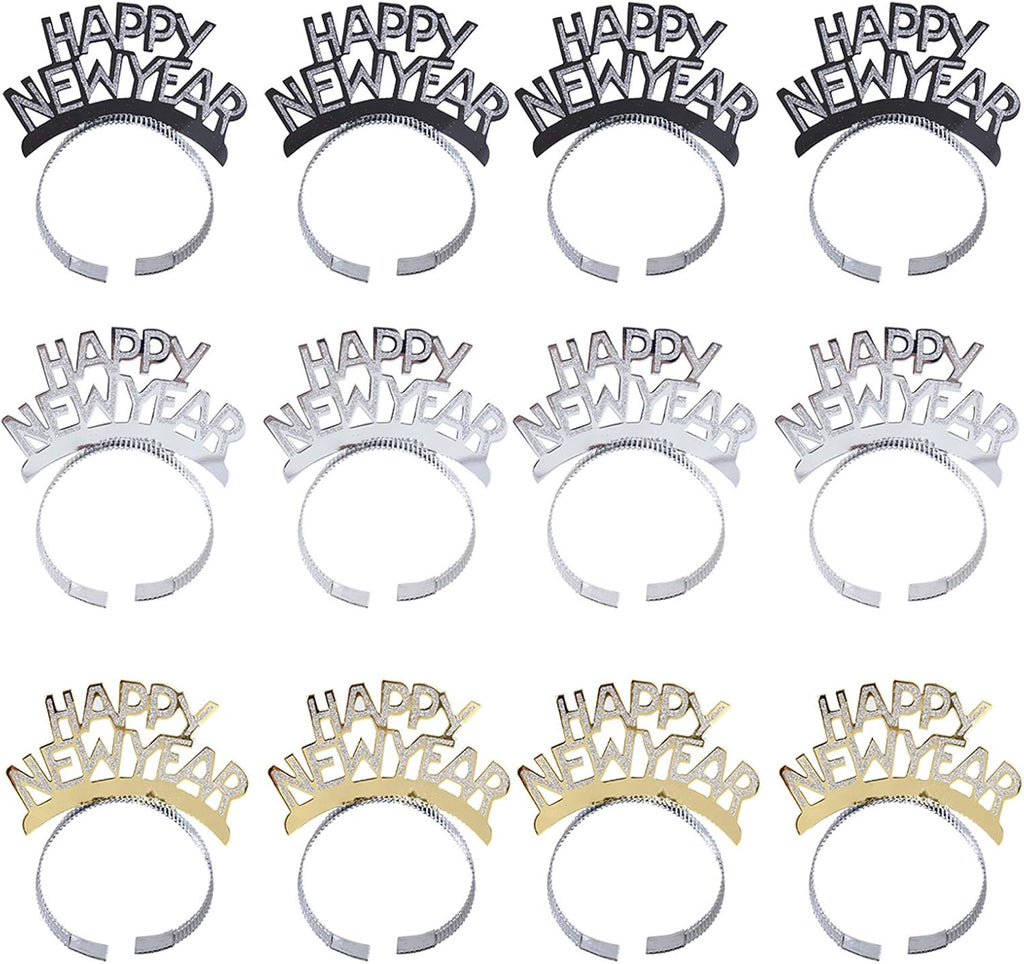 Glitter Happy New Year Headband Tiara, 12Pcs New Years Eve Supplies