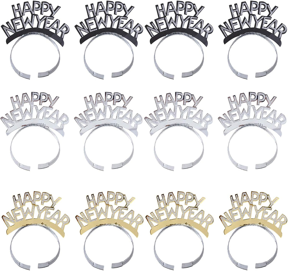 Glitter Happy New Year Headband Tiara, 12Pcs New Years Eve Supplies