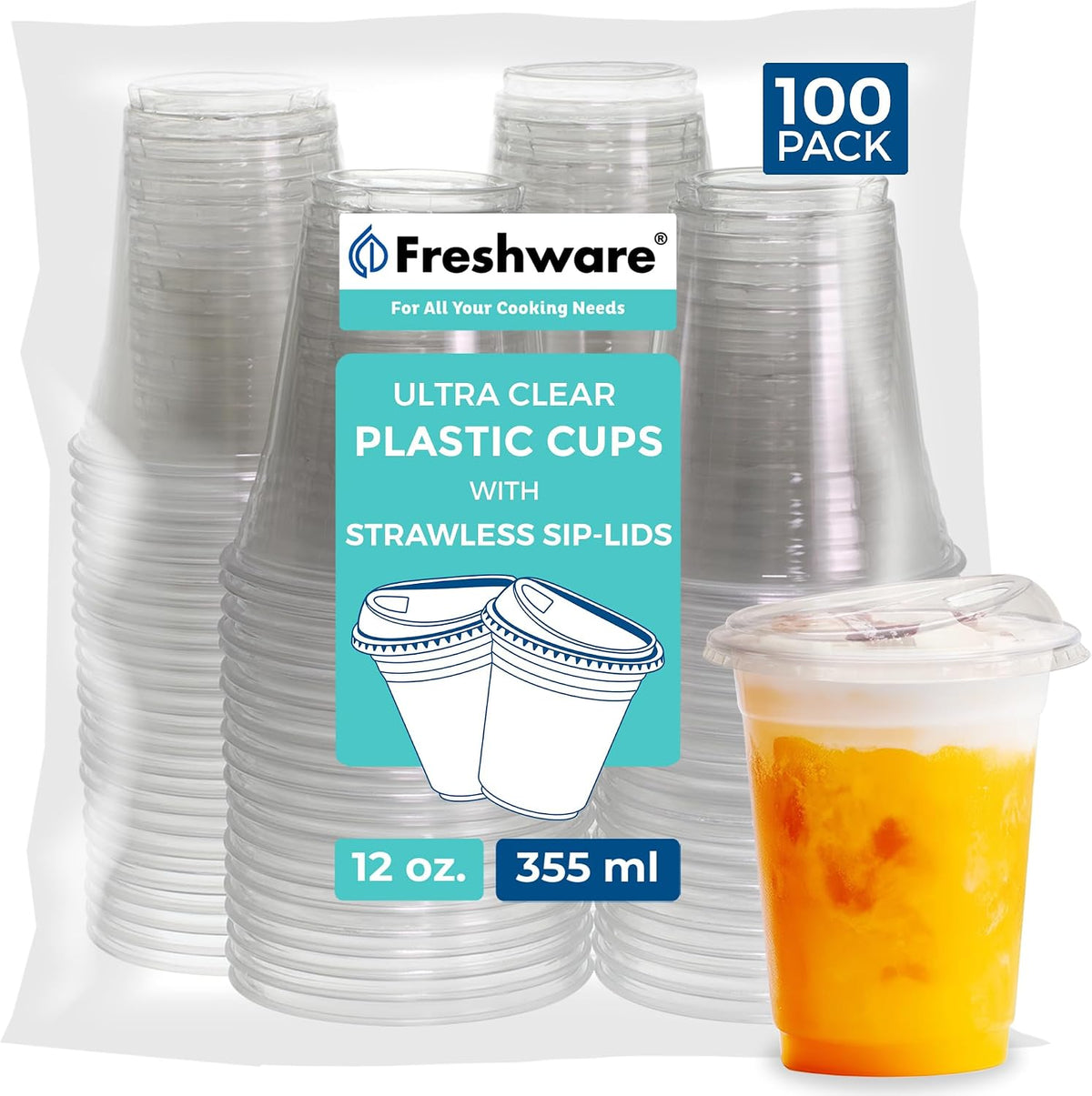 Freshware Clear Plastic Cups with Strawless Sip Lids [100 Cups - 12 oz] Disposable Cup for Iced Coffee, Smoothie, Milkshake, Cold Drinks