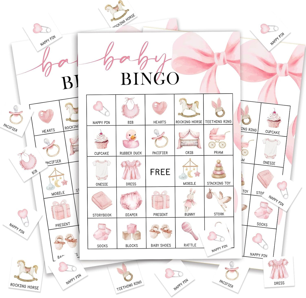 Pink Bow Baby Shower Bingo for 24 Players, Fun Gender Reveal Party Game