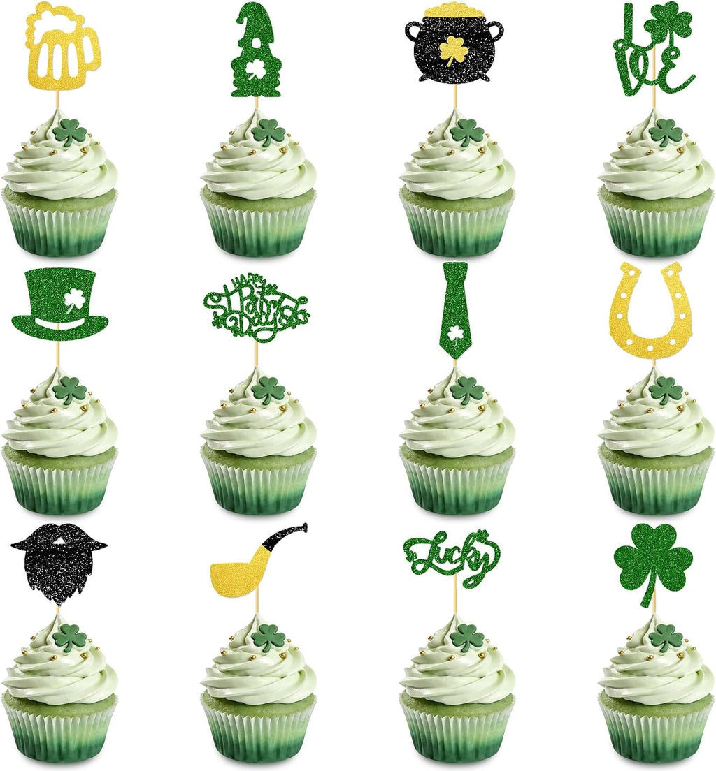24Pcs St.Patrick's Day Cupcake Toppers, Lucky Shamrock Cake Decorations