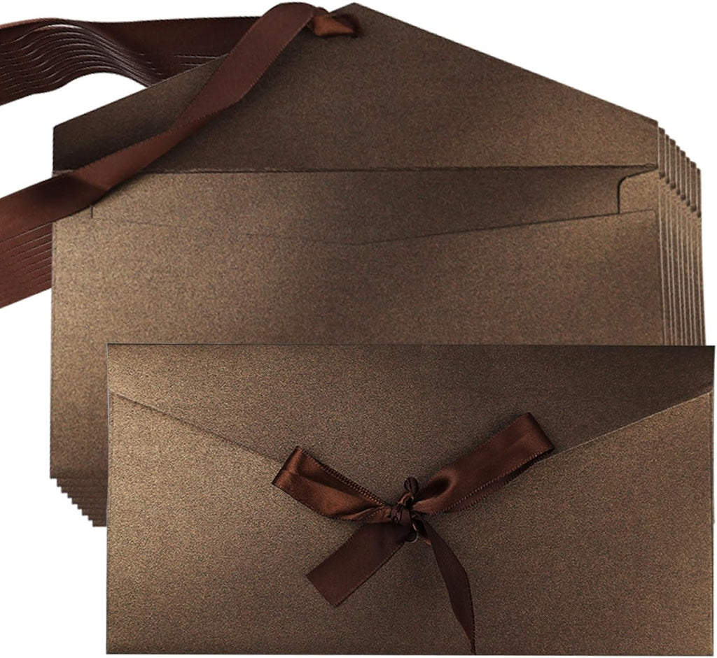 10 Pack Kraft Paper Envelopes with Ribbons, Invitation Greeting Envelopes for Festival and Party - Dark Brown