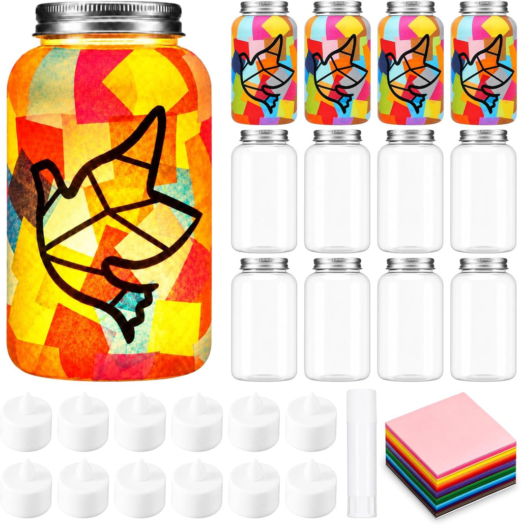 Qinyoung 12 Pcs Religion Dove Crafts Mason Jars Tissue Paper Crafts with LED Candle Light DIY Suncatchers Decoration Make Your Own VBS Mason Jars Supplies for Sunday School Projects Activity