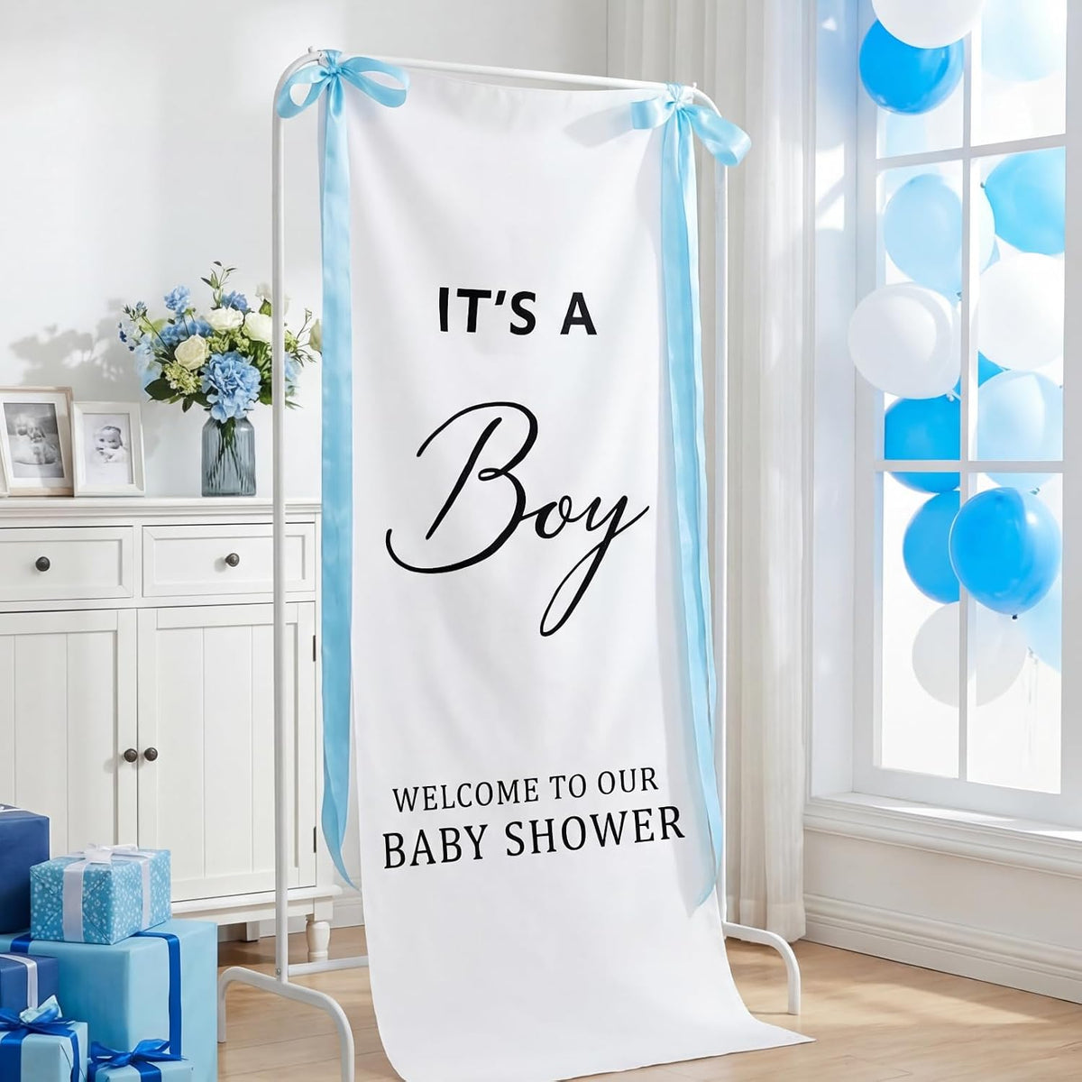 Oudain 60x24 Inch It's a Boy Banner Baby Shower Burlap Backdrop