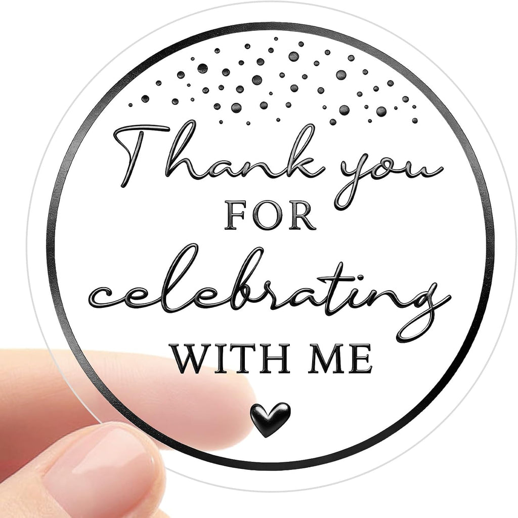 100PCS Thank You for Celebrating with Me Stickers, Clear Black Foil Party Favor Labels for Birthday, Baby Shower, Bridal Shower, Graduation & Gift Bag Packaging 1.6 Inch