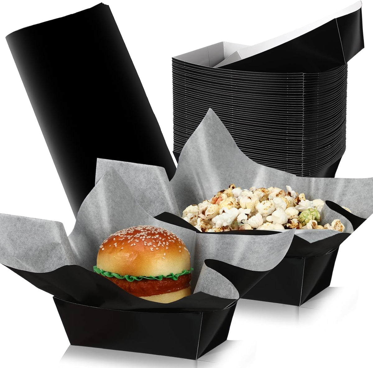 Geosar 100 Pcs Gingham Paper Food Tray with Wax Paper,Black