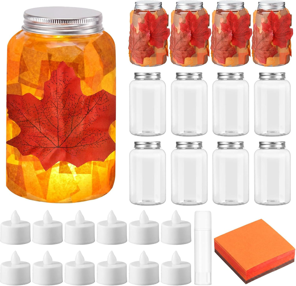 Qinyoung 12 Pcs Fall Crafts Maple Leaves Mason Jars with LED Candle Light