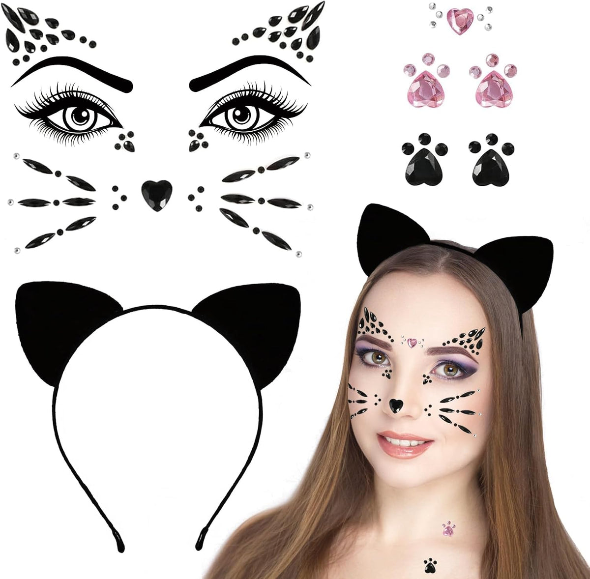 Halloween Cat Ears Headband and Face Jewels Set for Adult Women Accessories