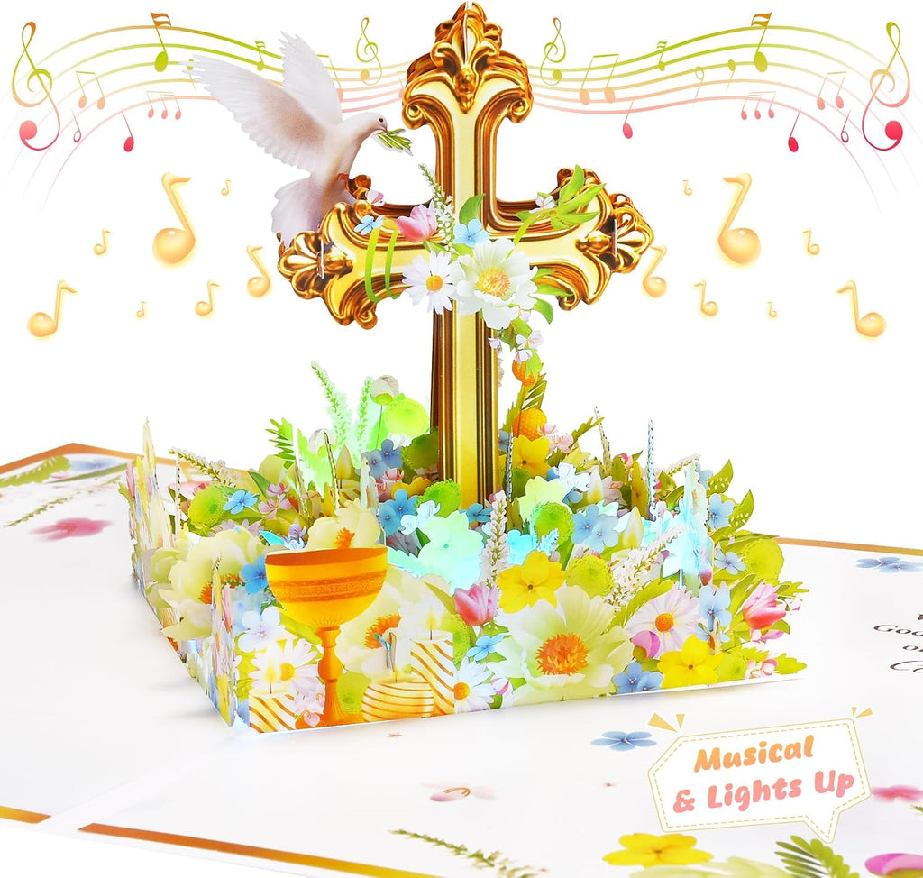 Baptism Pop Up Card with Lights, 3D Musical Christening Greeting Cards