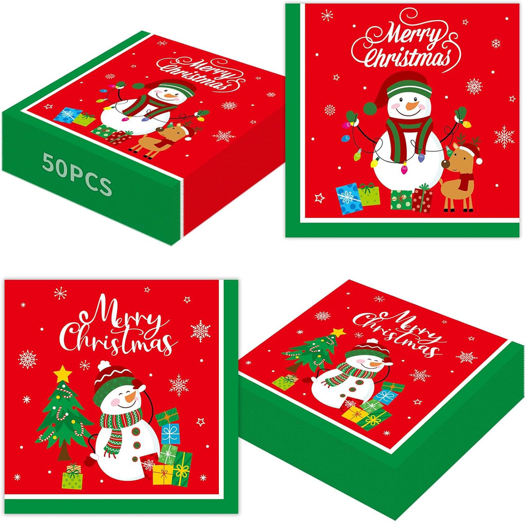 50 Pcs Merry Christmas Napkins - 13 Inch Disposable Christmas Napkins Paper, Snowman Xmas Cocktail Napkin Dinnerware Set for Xmas Party Decorations Tableware Supplies Table Decor Favors