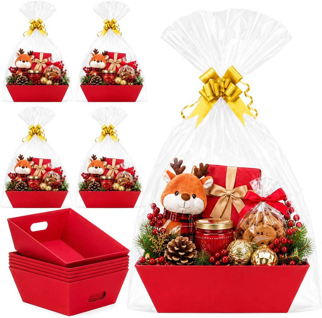 CDIVEFTN Red Empty Gift Baskets, 5 Pack 12x10 in with Bags and Bows