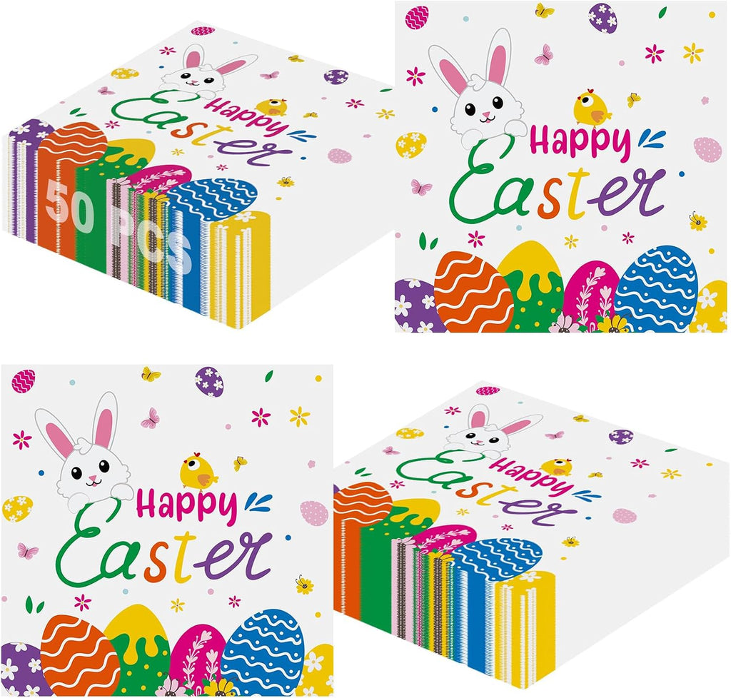 50 Pcs Happy Easter Napkins Disposable, 13 Inch Spring Bunny Napkins, 3-Ply Cute Easter Eggs Rabbit Flower Dinner Cocktail Paper Towels for Easters Party Supplies Table Decorations Favors