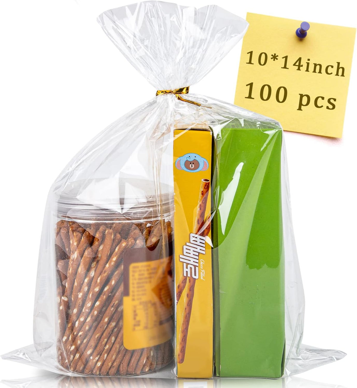 DIYASY 180 Pcs Gold Star Cellophane Treat Bags, 5 X 11 Inches Plastic Star Printed Candy Gift Bag Clear Food Snack Bags with Twist Ties for Goody Cookies Party Favor Supplies