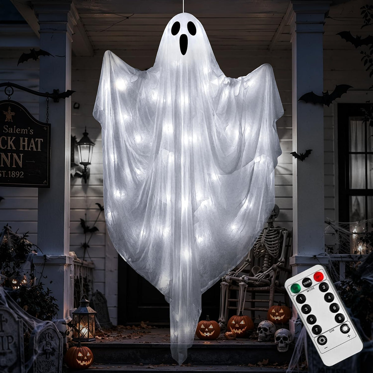 4 FT Halloween Hanging Ghost Decorations with 50 LED Lights, Light Up White Ghost Outdoor Decor with Timer & 8 Lighting Modes, Hanging Halloween Ghost for Front Porch, Yard, Patio, Garden & Party