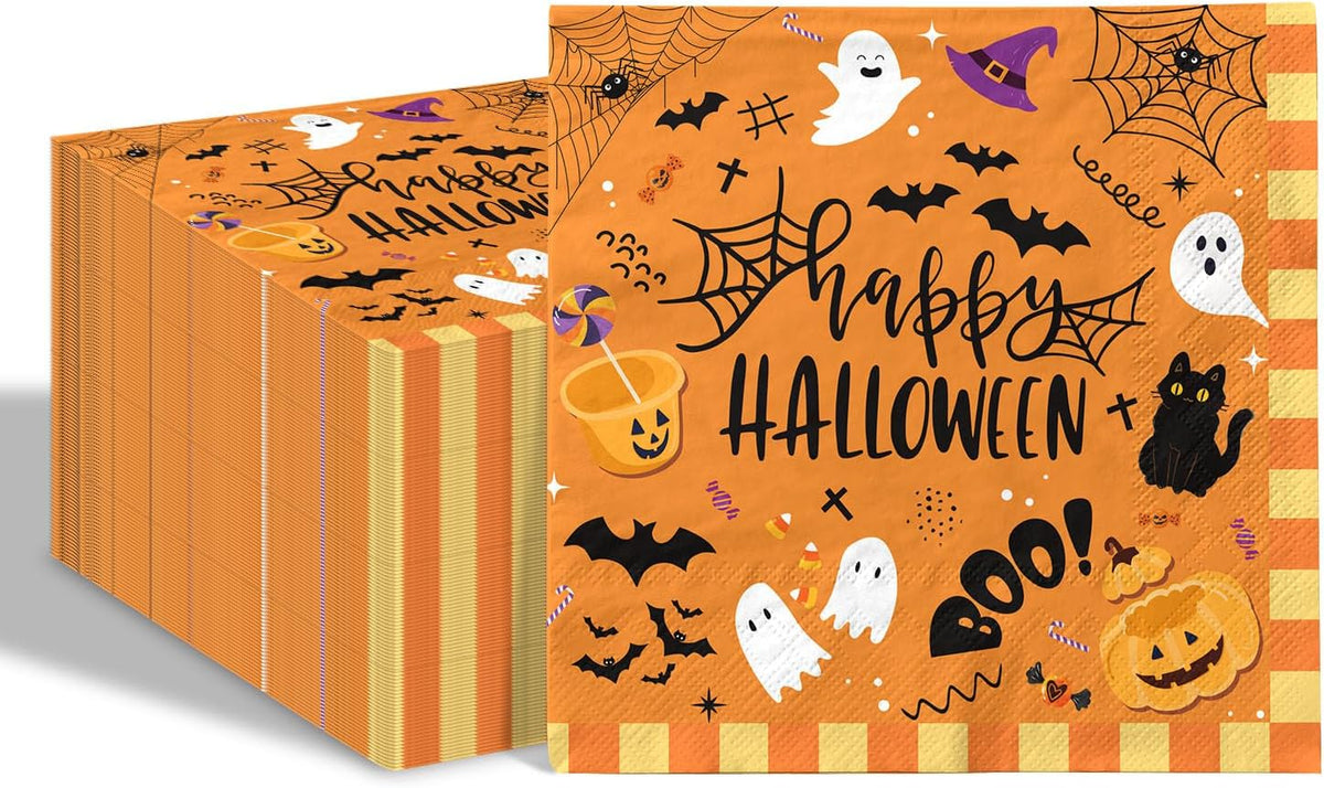 80 Pcs Happy Halloween Paper Napkins Cartoon Boo Pumpkin Spider Web Disposable Napkins Spooky Trick or Treat Napkins for Halloween Party Supplies Table Decor