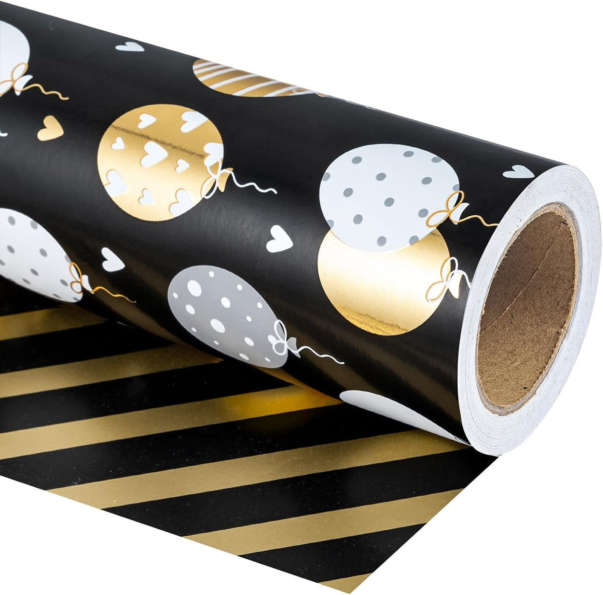 WRAPAHOLIC Reversible Birthday Wrapping Paper Roll - Mini Roll - 17 Inch X 33 Feet - Metallic Black Gold Balloon Design for Birthday, Holiday, Party, Baby Shower