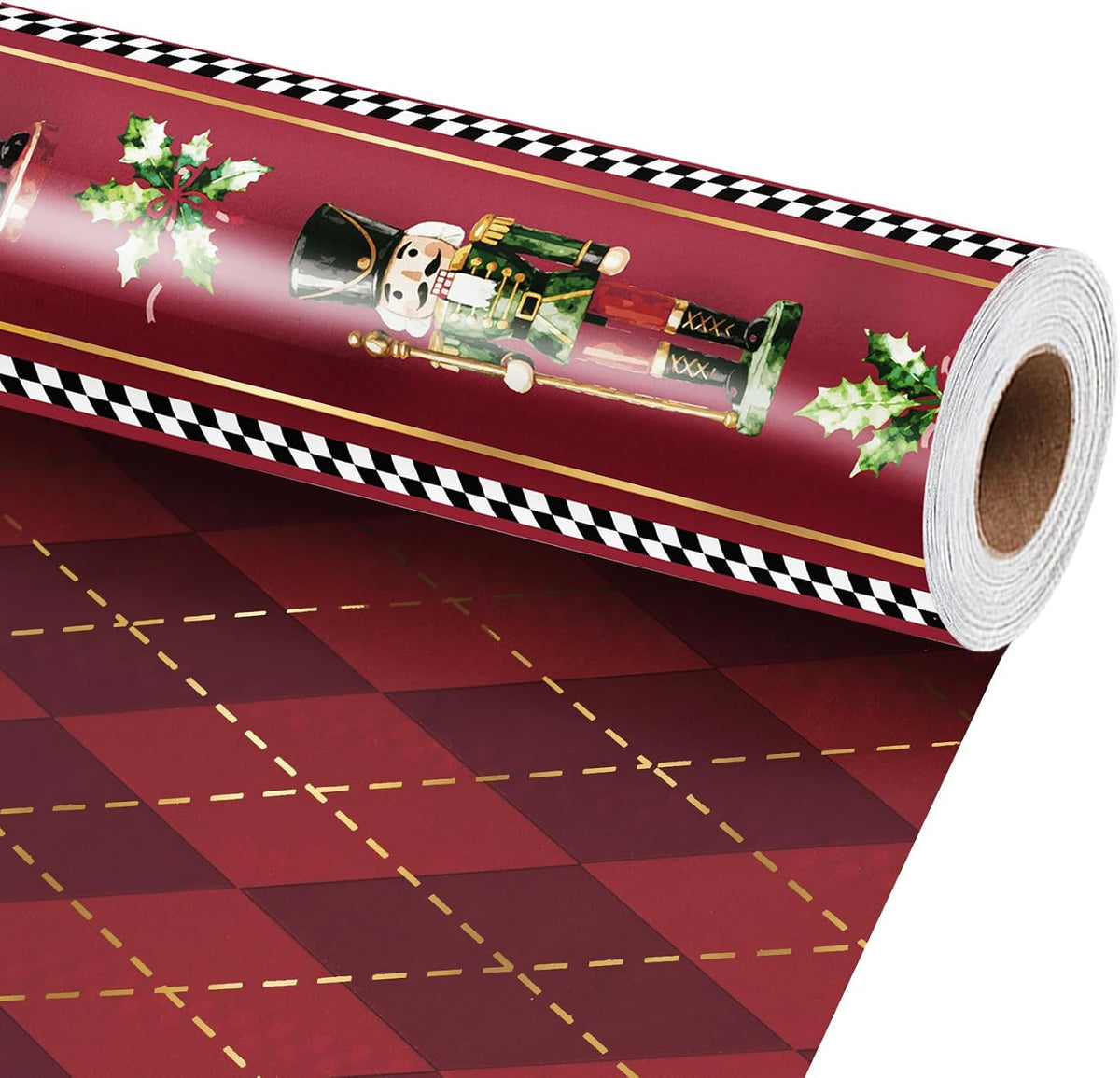 LaRibbons Nutcracker Christmas Wrapping Paper, Red Gold Foil Argyle Plaid