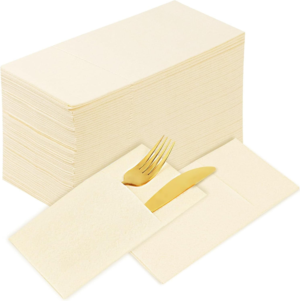 KAMMAK Dinner Napkins Disposable Beige Cloth like Paper Napkins with Pocket 100 Pack Folded Napkins Guest Hand Towel for Party Decoration, Wedding Reception, Bathroom and Kitchen (16.5 x 16.5 inch)