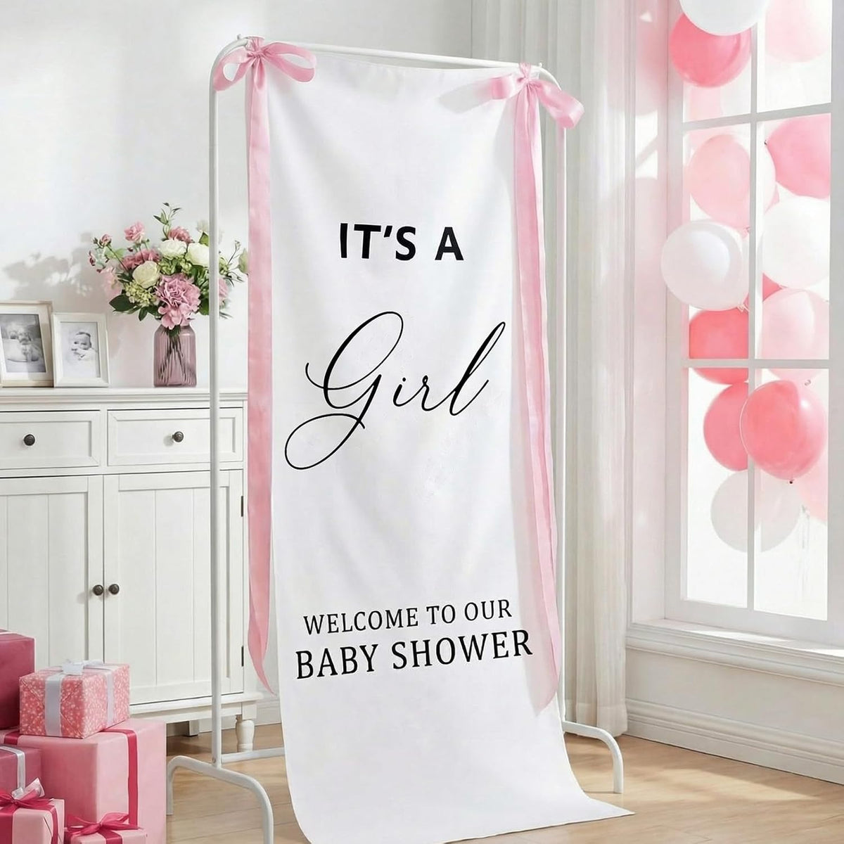Oudain 60x24 Inch It's a Girl Banner Baby Shower Burlap Backdrop