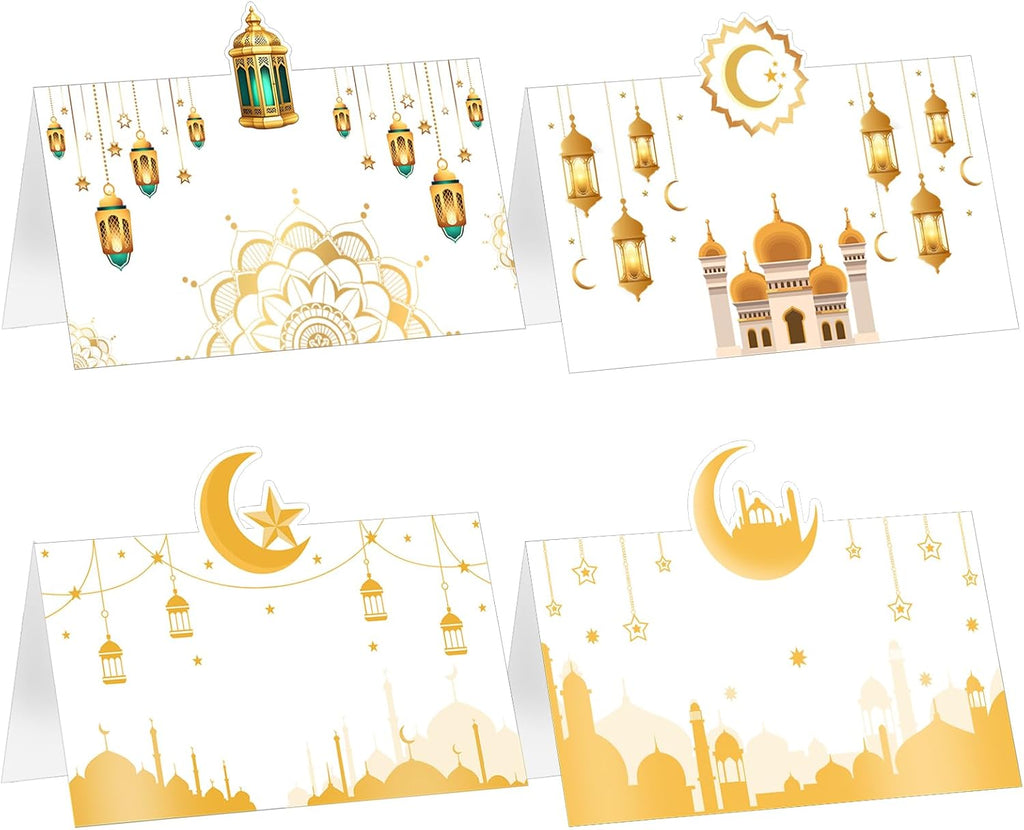 Auch Eid Place Cards - 40pcs Eid Mubarak Table Tent Cards Set Folded Ramadan Name Card for Eid Al-Fitr & Eid Al-Adha Dinner, Iftar Party Table Decorations, Buffet & Food Labelsr 4 Designs (White)