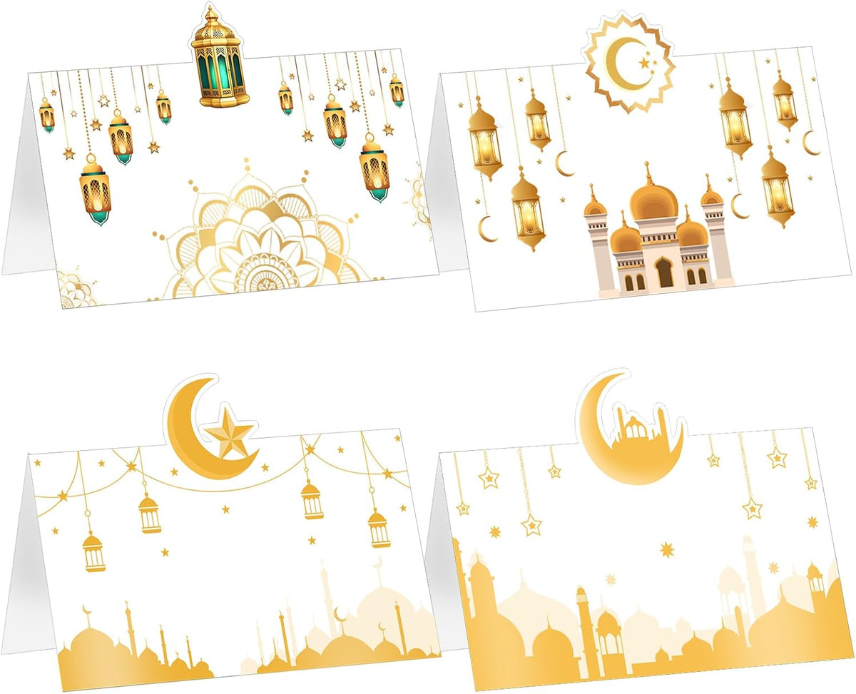 Auch Eid Place Cards - 40pcs Eid Mubarak Table Tent Cards Set Folded Ramadan Name Card for Eid Al-Fitr & Eid Al-Adha Dinner, Iftar Party Table Decorations, Buffet & Food Labelsr 4 Designs (White)
