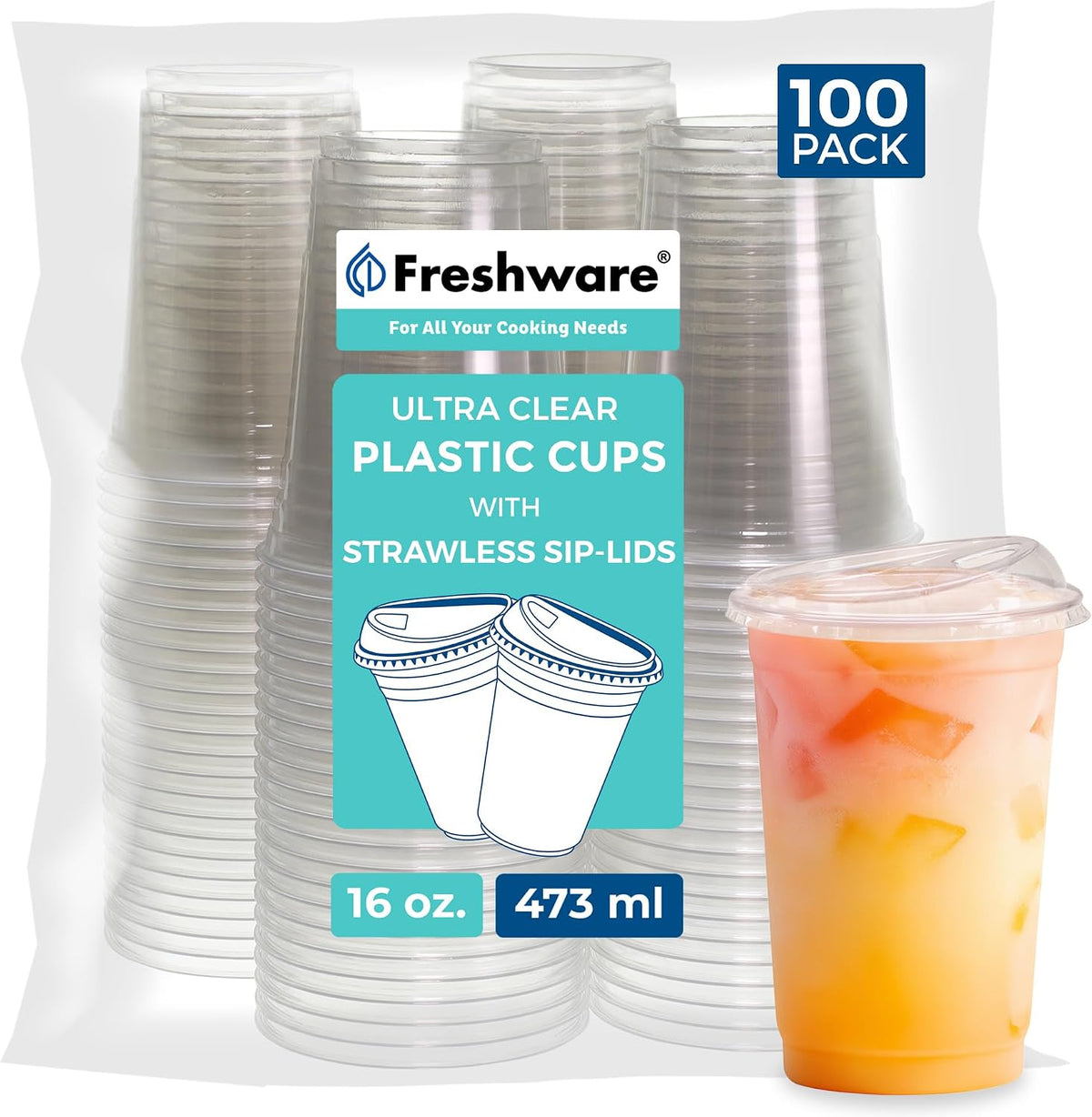Freshware Clear Plastic Cups with Strawless Sip Lids [100 Cups - 16 oz] Disposable Cup for Iced Coffee, Smoothie, Milkshake, Cold Drinks