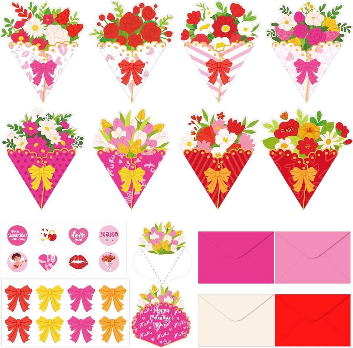 Funrous 24 Pack Valentine's Day Flower Cards with Envelopes Stickers