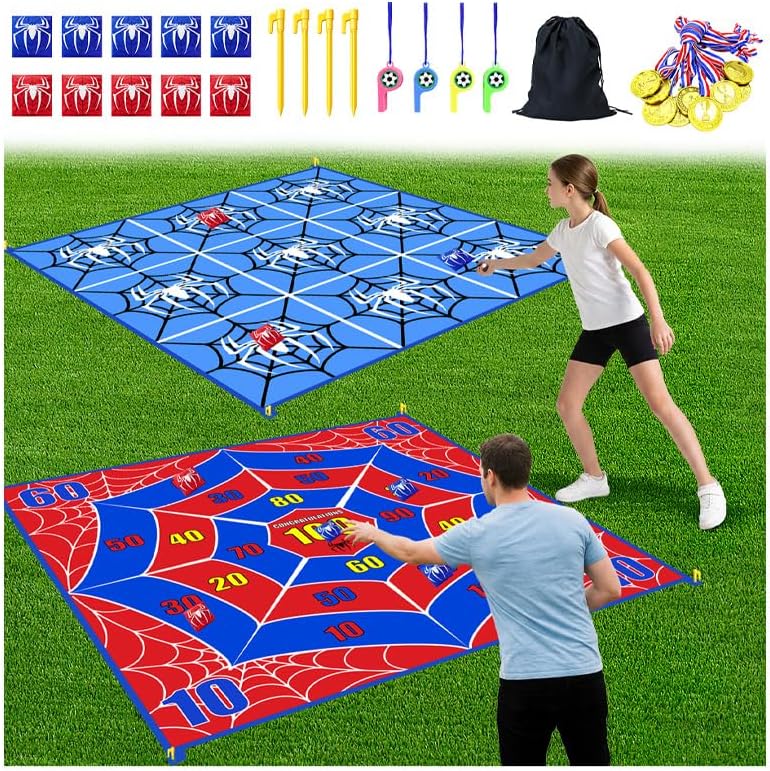 2-in-1 Giant Tic Tac Toe Game Bean Bag Toss Outdoor Games, 4.5FT Spider Tic Tac Toe Game with 10 Pcs Bean Bags, Outside Games for Adults and Family Lawn Yard Carnival Field Day Camping Party