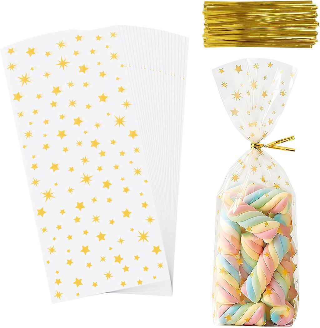 CCINEE 150 Pcs Cellophane Treat Bags, 5 X 11 Inches Gold Star Print Clear Gift Wrap Candy Bags Goodie Bags with Twist Ties for Wedding, Birthday Party Favors, Bakery, and Gift Packaging