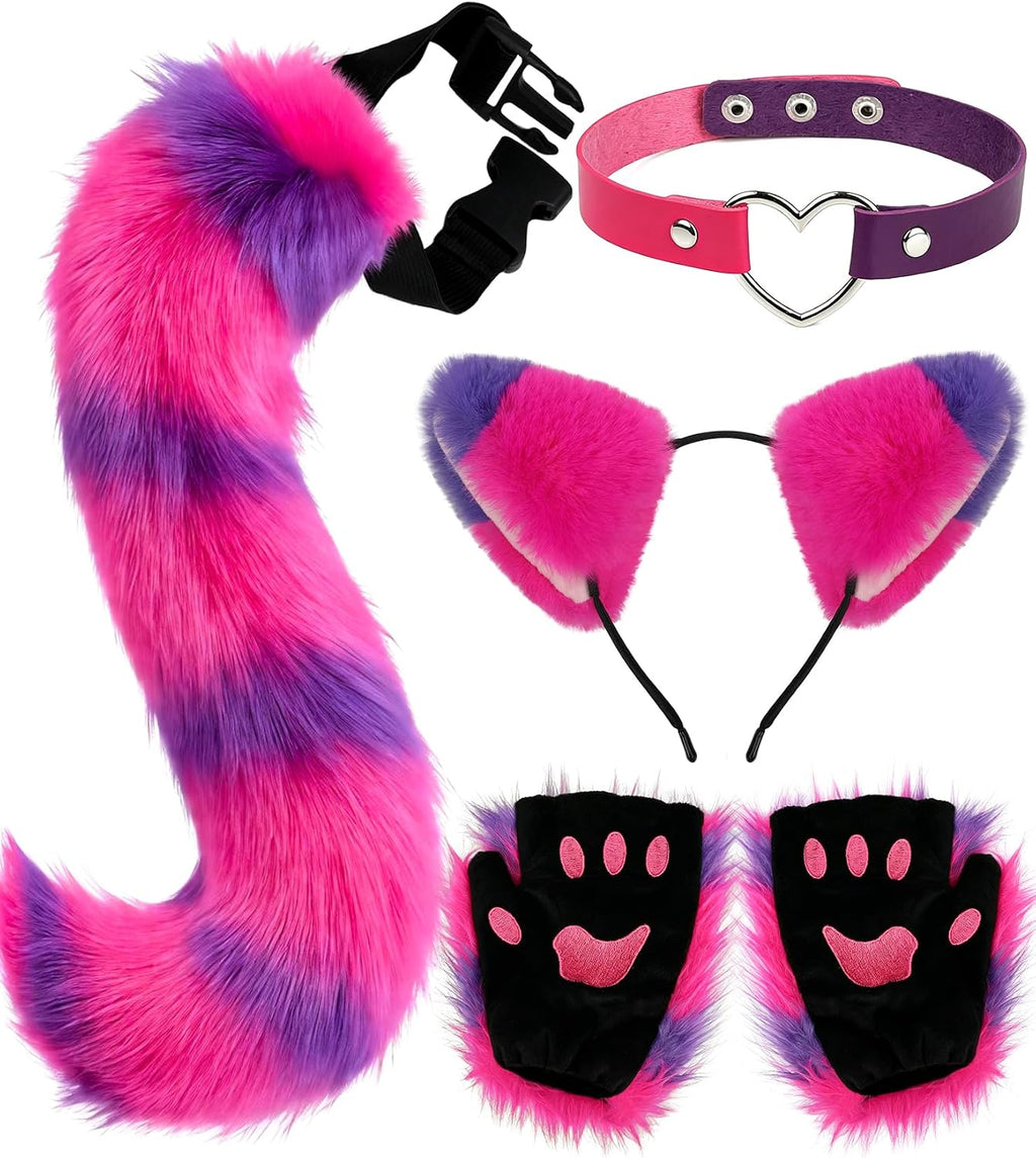 Cat Ears and Tail,Wolf Fox Ears Long Tail and Bell Lace Choker Set for Halloween,Animal Cosplay Party Costume