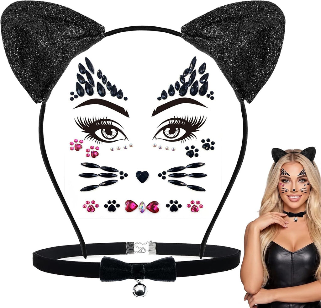 Black Cat Ears Headband, Bell Choker & Face Stickers - Black Cat Costume Outfit Woman Adult Women, Halloween Dress Up & Cosplay Party Accessories