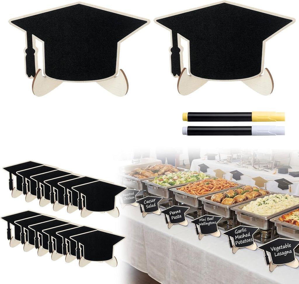 Eaasty 24 Pcs Mini Chalkboard Signs Party Food Labels for Party Buffet with Stand 2 Pen Small Erasable Reusable Wooden Blackboard for Table Setting Name Decorations(Grad Cap)