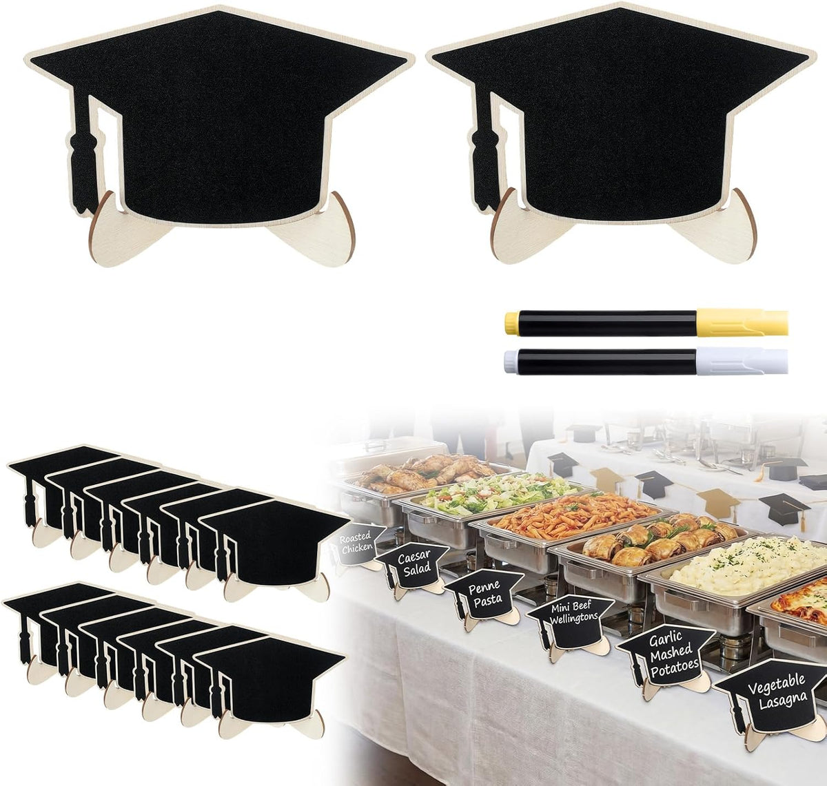 Eaasty 24 Pcs Mini Chalkboard Signs Party Food Labels for Party Buffet with Stand 2 Pen Small Erasable Reusable Wooden Blackboard for Table Setting Name Decorations(Grad Cap)