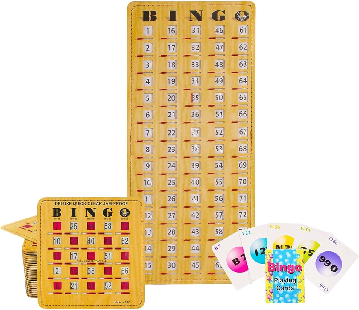 MR CHIPS Jam-Proof Bingo Cards with Sliding Windows, 25 Reusable Shutter Cards, 75 Calling Cards 1 Master Board in Woodgrain Style