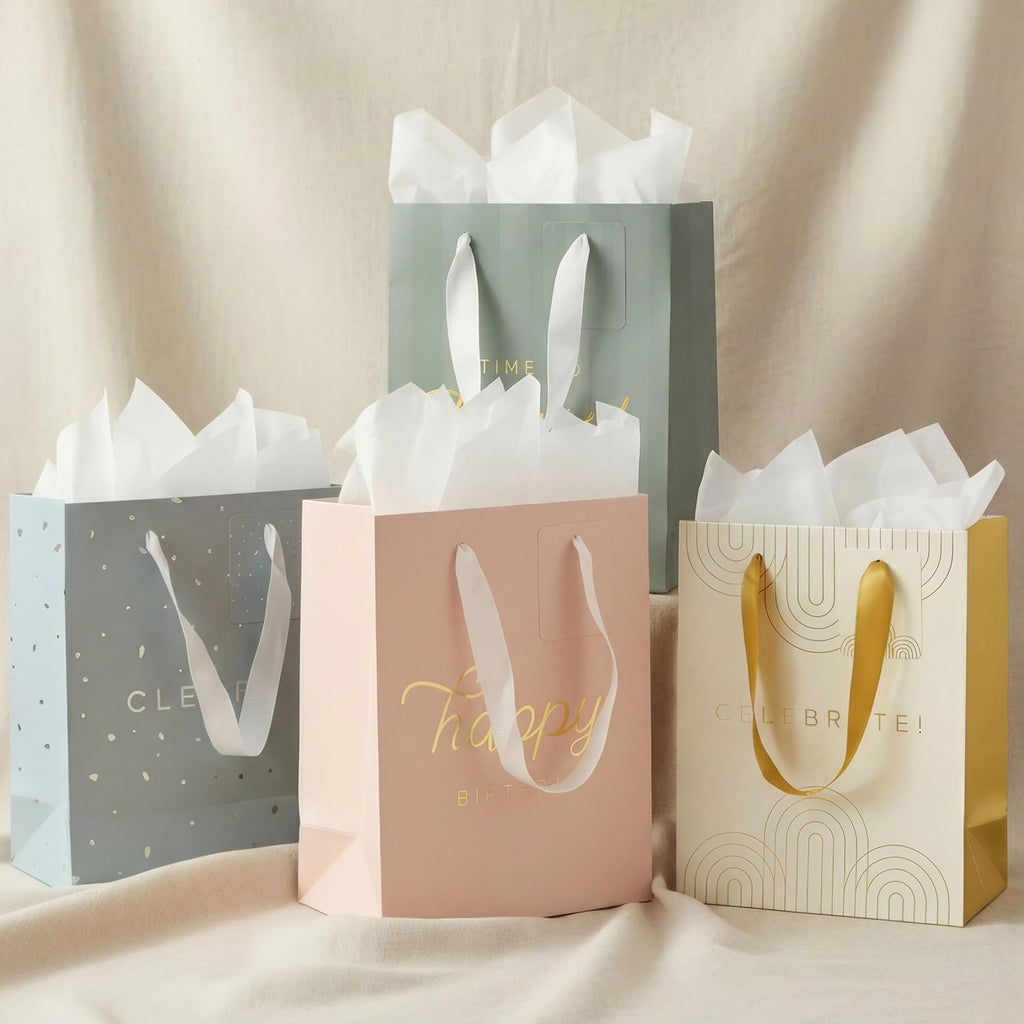 Beautiful Birthday Gift Bags Set of 4 with Tissue Paper, Cards & Stickers