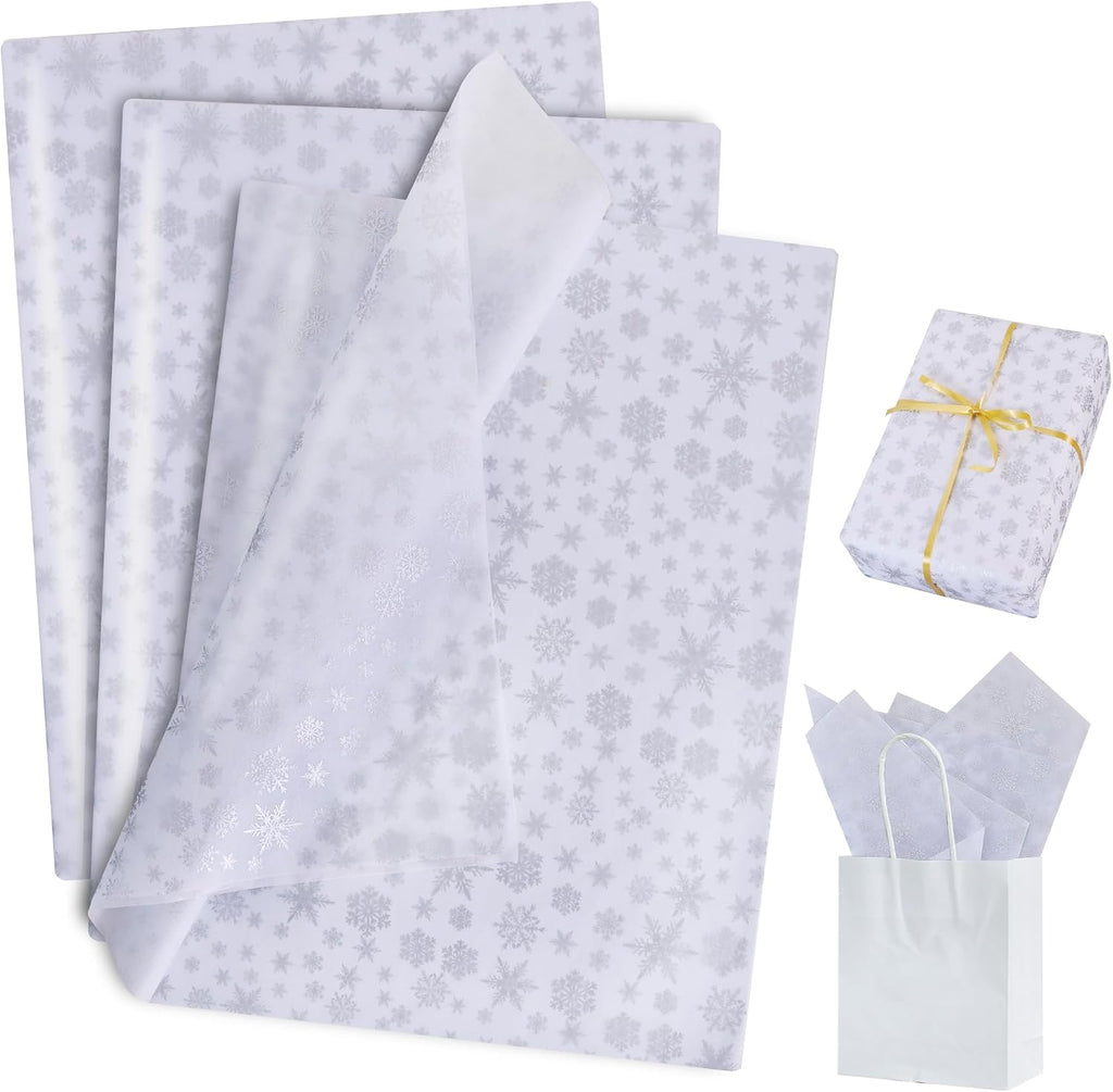 BEISHIDA Christmas Snowflake Tissue Paper Bulk，Silver and White Wrapping Tissue Paper for Gift Bags, 14 x 20 Inch Gift Wrap for Winter Christmas Party DIY Crafts Decor Holiday Flowers-50 Sheets
