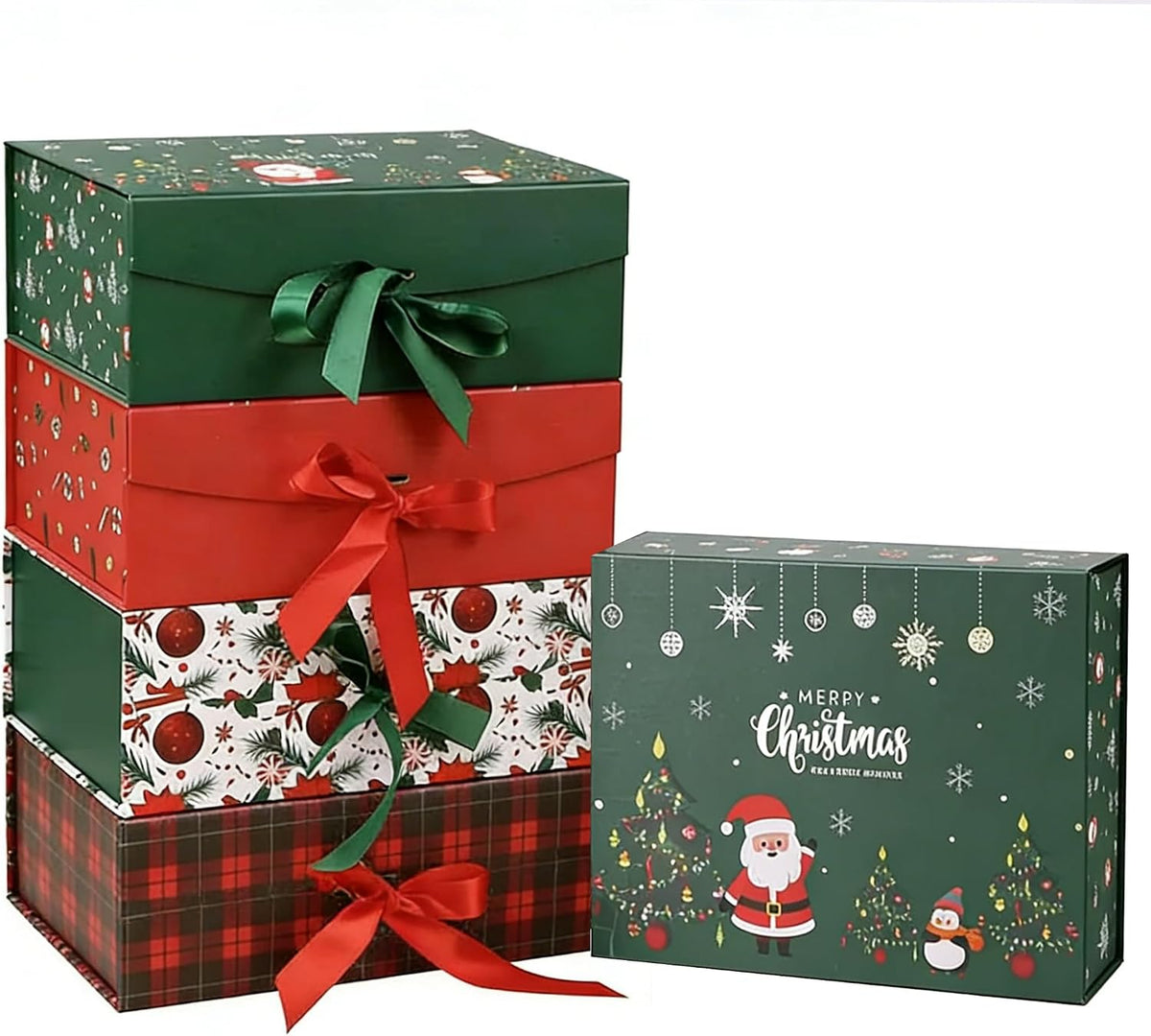 Dimore Christmas Magnetic Gift Boxes with Lids, Collapsible Hardboard Gift Packaging, Red & Green Holiday Boxes for Presents, 4 Pack (Multiple Sizes) (4Pack Christmas 9.5"*6.9"*4.2")