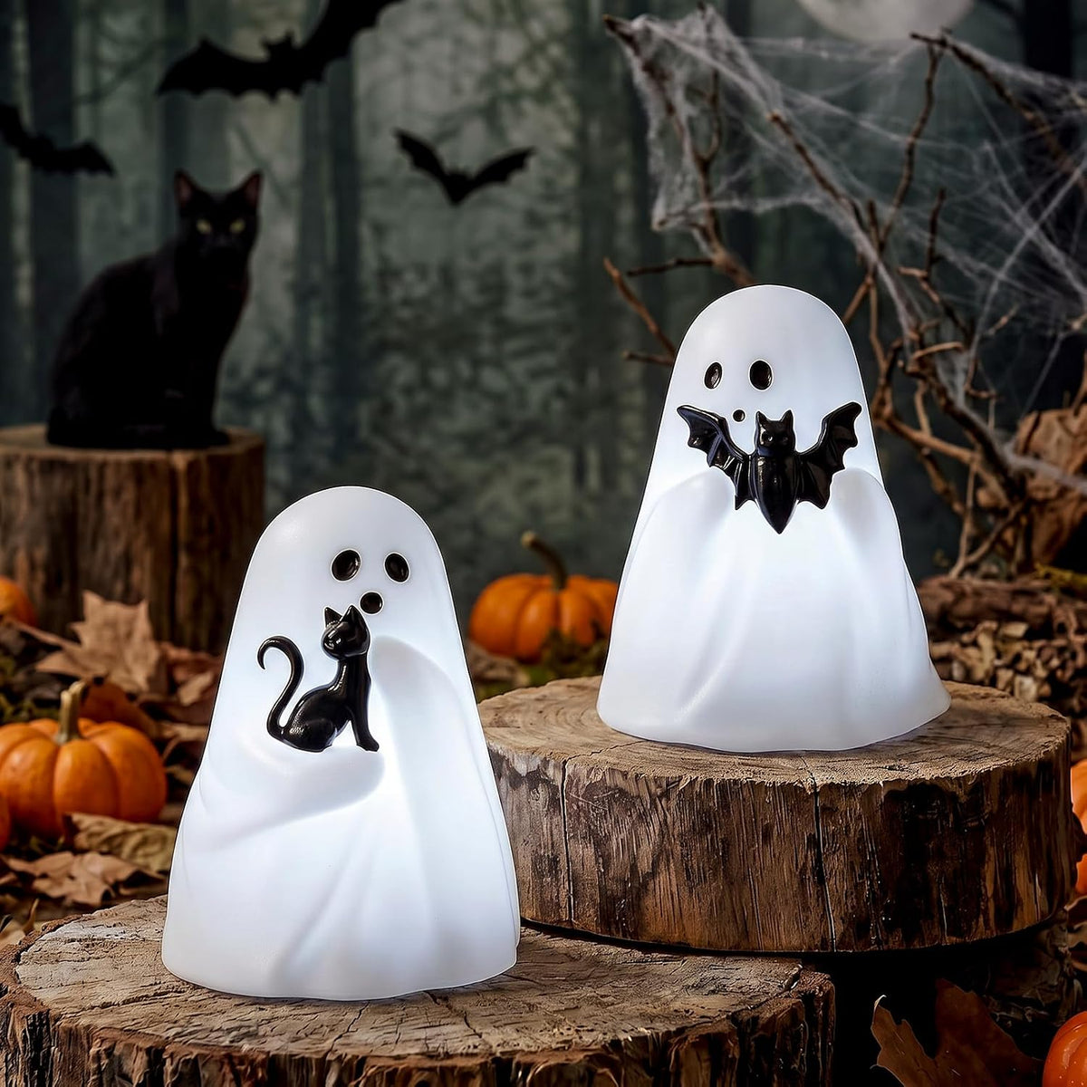 GenSwin Bat & Cat Ghost Halloween Ghost Flameless Candles with Timer